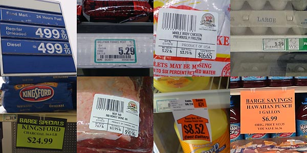 Top l-r, Gas, Ballpark franks, Whole Chicken, A dozen Eggs. Bottom l-r, Large bag of charcoal, 7.5lb roast, A gallon of OJ, and a gallon of Hawaiian Punch... Wow...